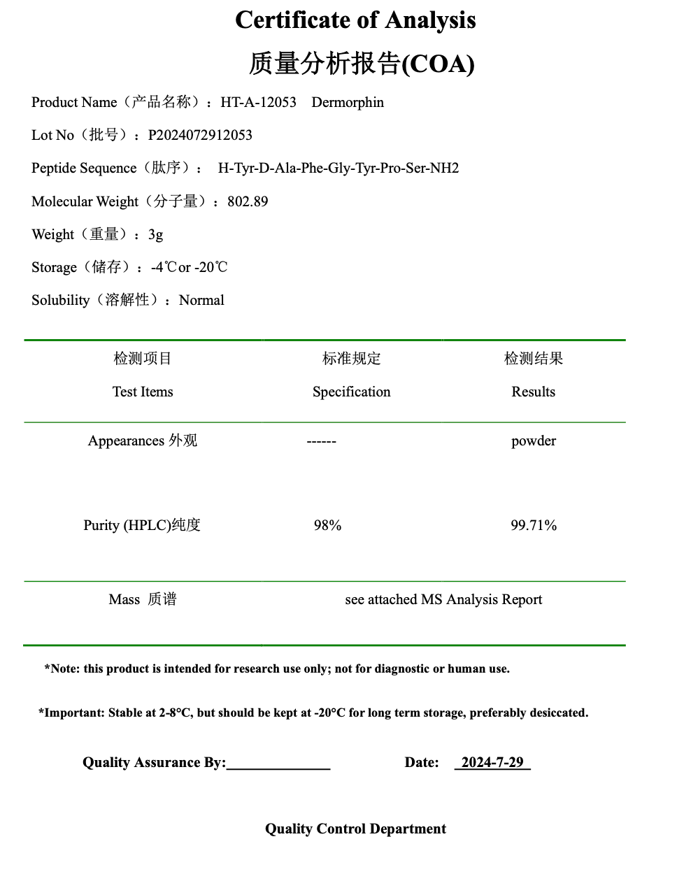 Dermorphin 2mg : Research Only