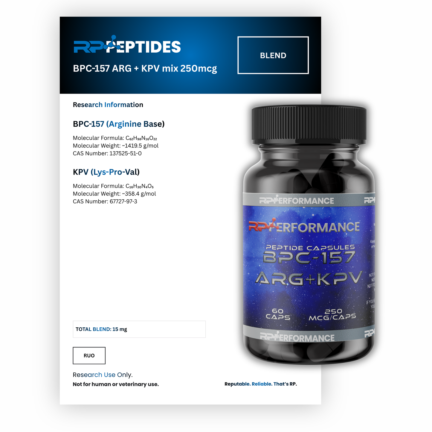 BPC-157 ARG + KPV mix 250mcg x 60caps : Research Only  RP Peptides UK