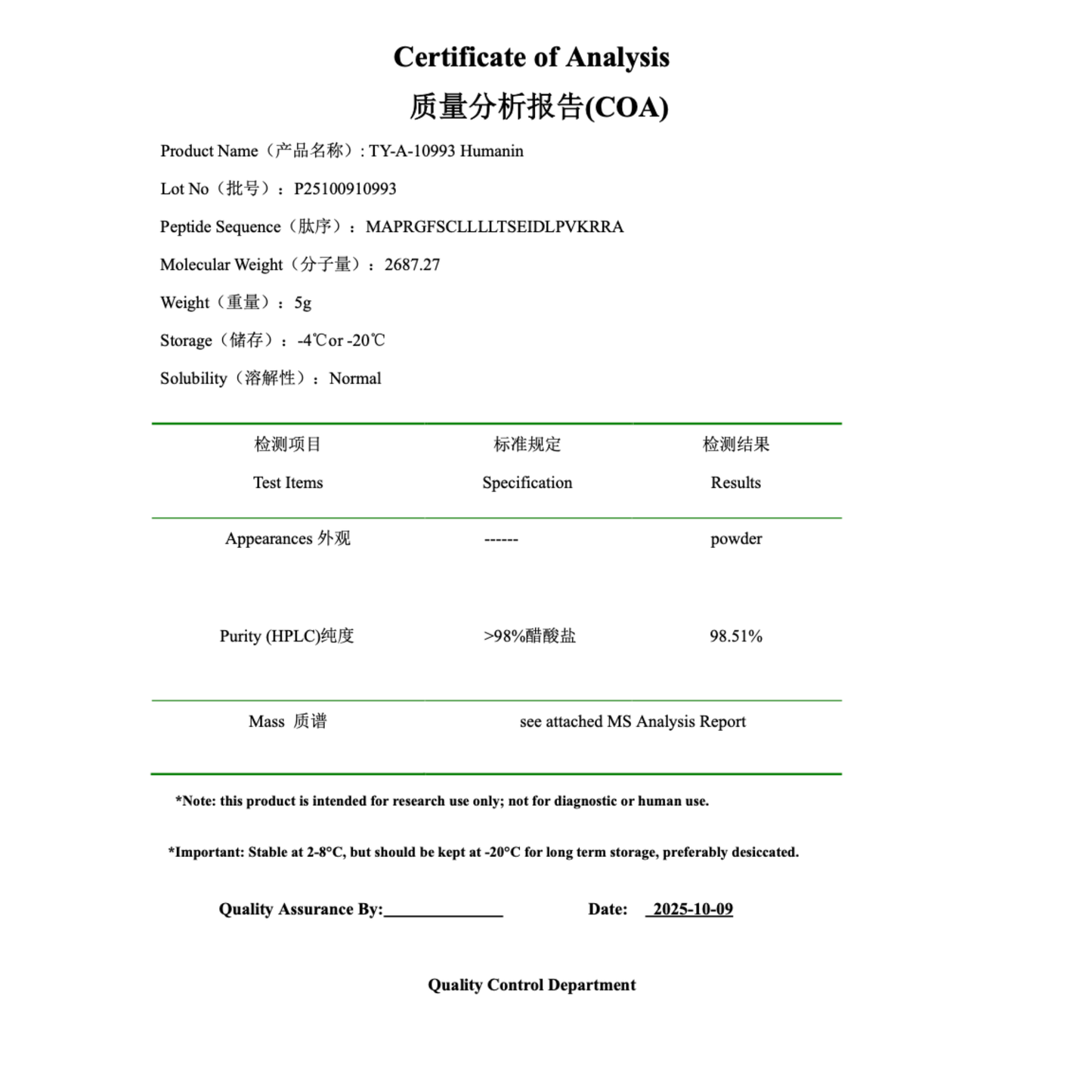 Humanin 10mg: Research Only