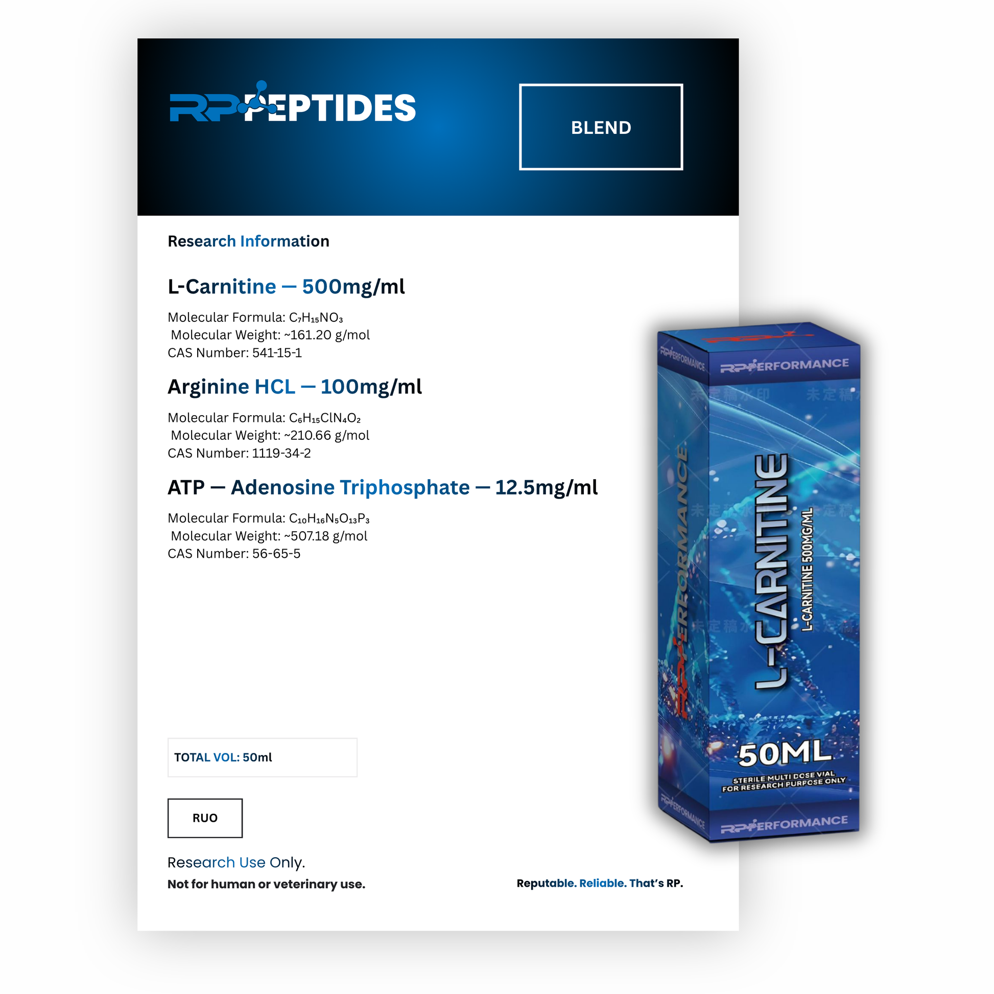 L-Carnitine 500mg x 50ml : Research Only – RP Peptides UK