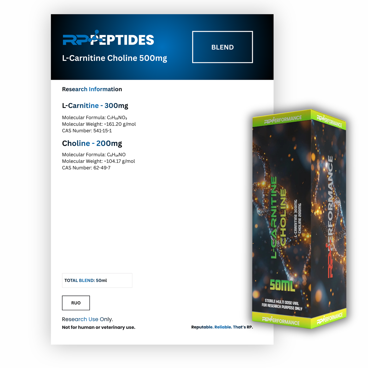L-Carnitine Choline 500mg per ml - 50ml :  Research Only