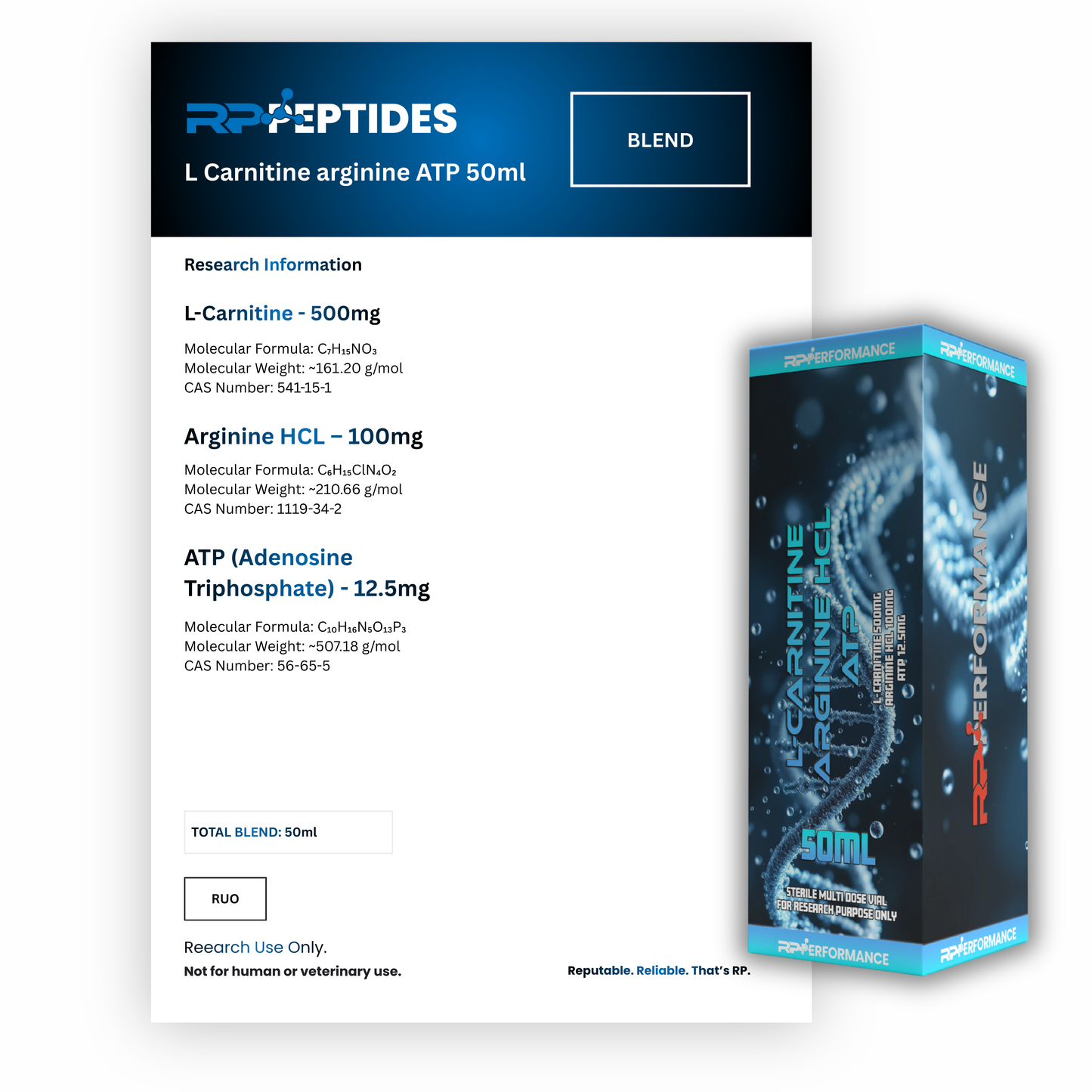 L Carnitine arginine ATP 612.5mg per ml - 50ml :  Research Only