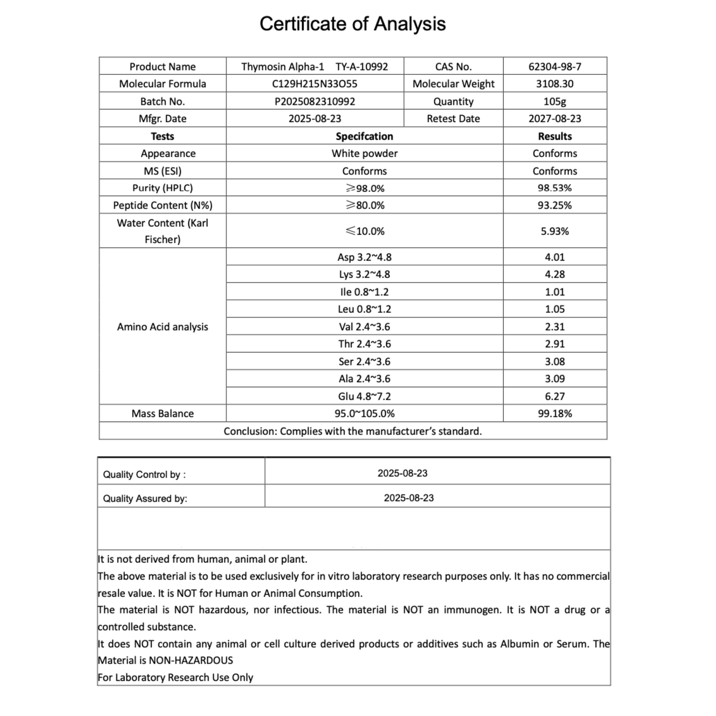 THYMOSIN ALPHA 1 5MG : Research Only