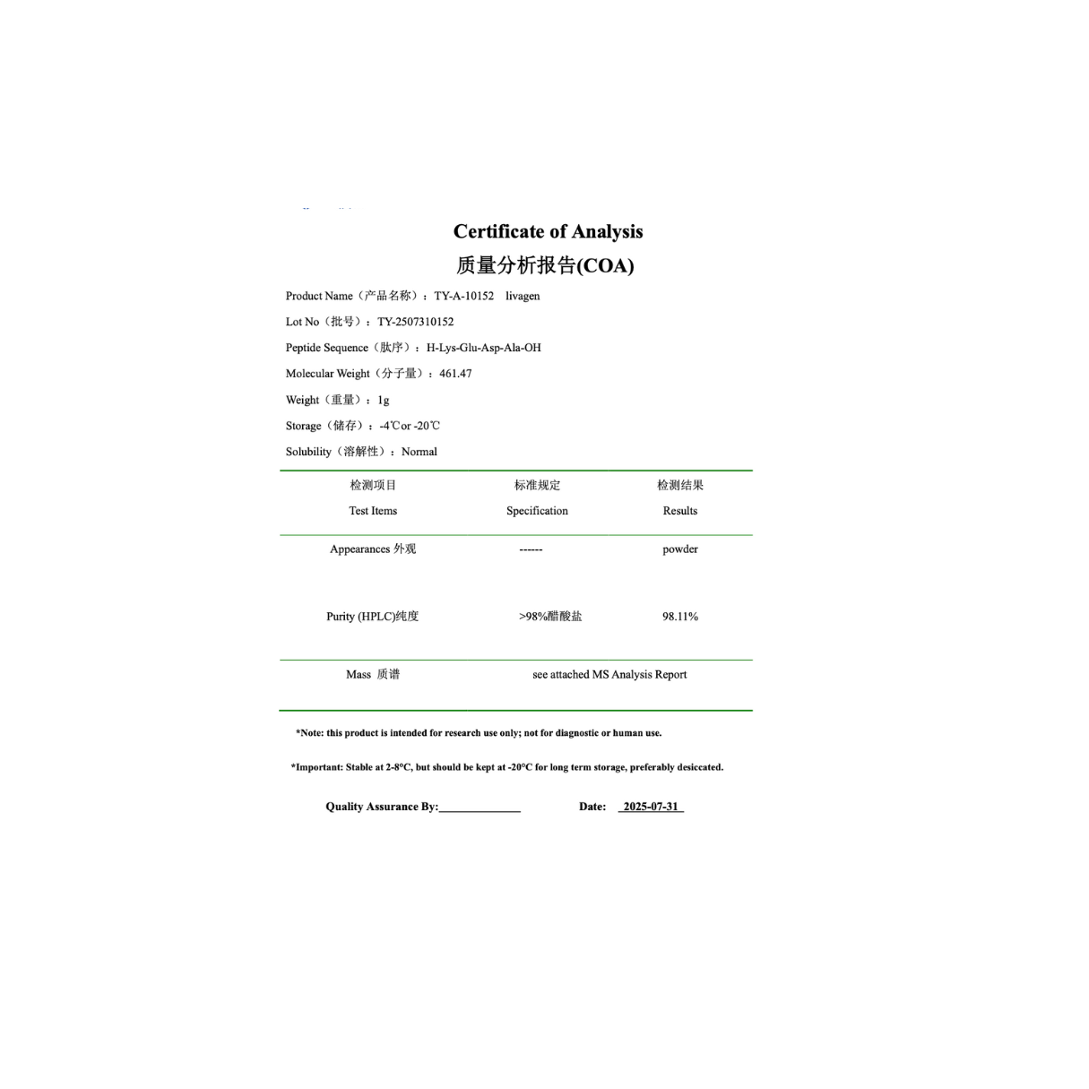 Livagen 20mg: research only